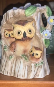 Collectible Vintage Enesco Bisque Porcelain Owl Family In Tree - Picture 1 of 5