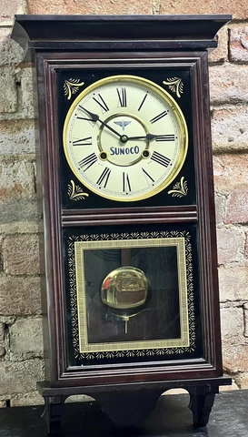 Vintage 1970's Sunoco Oil Co 11"x27" Railroad Pendulum Wall Clock w/ Chime & Key Cover