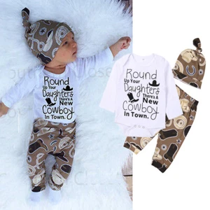 Newborn Infant Baby Girl Boy Romper+Cowboy Long Pants Hat 3pcs Outfit Set Clothe - Picture 1 of 8