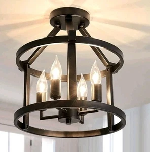 Farmhouse Semi Flush Mount Ceiling Light Fixture 4 Candle Holder Black Matte - Picture 1 of 6