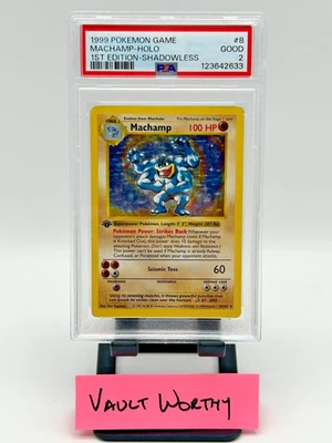 1999 Pokemon Base Set #8 Machamp 1st Edition Shadowless Holo Vintage WOTC PSA 2 - Image 1 of 2