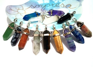 1pz ciondolo in pietre dure naturale e ottone forma prisma 39x12mm  bijoux - Foto 1 di 17