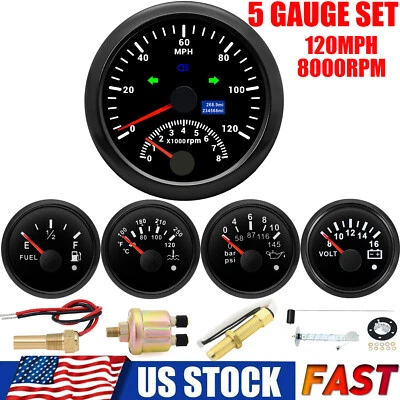 5 Gauge Set 85mm GPS Speedometer 120MPH With Tacho&52mm 4 Gauge With Sensor US - Image 1 of 4