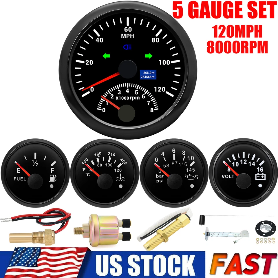 5 Gauge Set 85mm GPS Speedometer 120MPH With Tacho&52mm 4 Gauge With Sensor US - Image 1 of 4