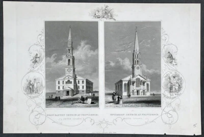 1843 Tallis impresión antigua Primeras iglesias bautistas y unitarias Providence Rhode Is Foto 1 de 2