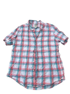 Camicia uomo LL Bean lino manica corta a quadri con bottoni grande leggermente aderente - Foto 1 di 3