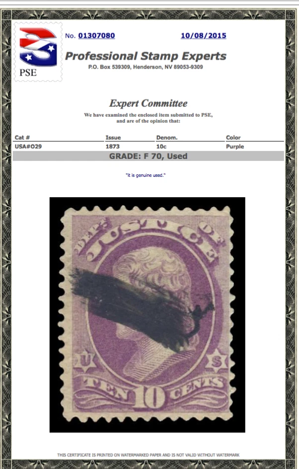 O-29 Justice Official Stamp Used PSE Graded 70, PSE Certified # 01307080 - Image 1 of 1