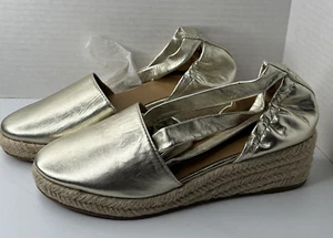 Marc Fisher LTD Metallic Gold Leather Ankle Wrap Espadrille Wedges 5.5M - Picture 1 of 11