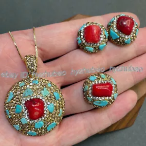 Conjunto de collar colgante de oro con incrustaciones de gemas turquesa coral rojo natural + anillo + pendientes - Imagen 1 de 5