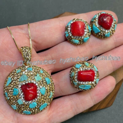 Натуральный красный коралл бирюза драгоценные камни инкрустация золото подвеска ожерелье + кольцо + серьги комплект - Изображение 1 из 4
