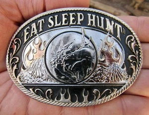 Vtg EAT SLEEP HUNT Belt Buckle ELK Hunting Western Hunter Antler Silver RARE VG+ - Picture 1 of 4