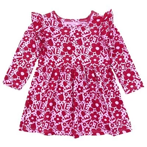 Toddler Girls Long Sleeve Pink Red Flower Hearts Love Valentines Dress - Picture 1 of 2