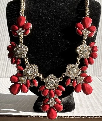 Faceted Brick Red teardrop & Rhinestone Gold Tone Bib Statement Necklace 20” - Image 1 of 4