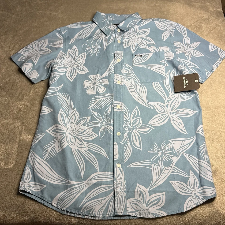 NUEVO CON ETIQUETAS Camisa Oneill Abotonada Hombres Mediana Azul Mar Manga Corta Floral Hawaiana Foto 1 de 4