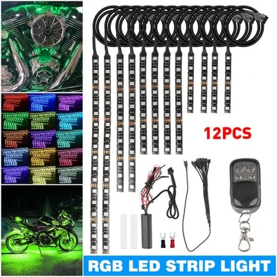 12 peças motocicleta RGB LED à prova d'água sob luzes brilhantes tira kit de néon + controle remoto EUA - Imagem 1 de 4