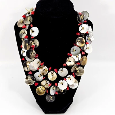 Chico’s Mother of Pearl Shell & Red Bead Multi-Strand Statement Necklace 17" - Image 1 of 4