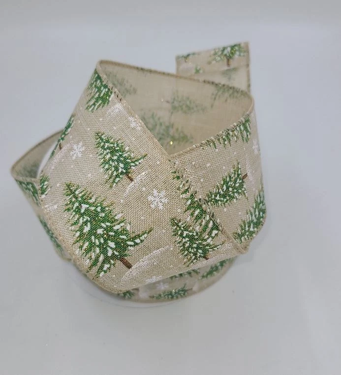 Cinta con cable para árbol de Navidad de 2,5 pulgadas x 25 yardas de pino nevado sobre tela de lino Foto 1 de 1