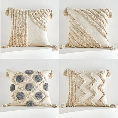 Tufted Cushion Cover Boho Pillow Throw Cover Tassel for Home Decorative Square - Image 1 of 4