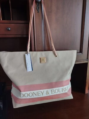 *NUEVO* Bolso de Mano Dooney & Bourke Grande Addison Shopper a Presión Beige/Albaricoque Rayas $238 Foto 1 de 4