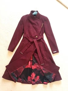 New Ted Baker Roseika Dark Red Skirted Wool Belted Wrap Coat Size TB 0 UK 6 £325 - Picture 1 of 7