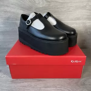 Kickers Kick T-Bar Plateau Schwarz Leder Schuhe Mary Jane’s Neu Originalverpackt - Bild 1 von 6