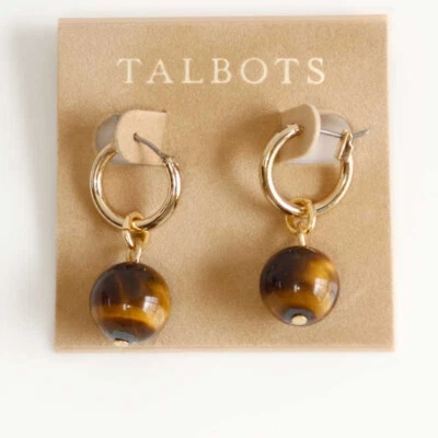 Talbots Minimalist Tiger's Eye Beads Hoop Earrings Chic Women Everyday Jewelry - Image 1 of 4