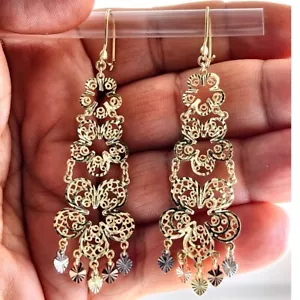 Gypsy Style Earrings Solid 14K Gold Dangling Chandelier Filigree Butterfly 2.25" - Picture 1 of 8