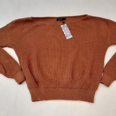 Boohoo Women's Toffee Brown Crop Fisherman Jumper Size L BNWT Long Sleeve Knit - Image 1 of 4