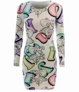 WOMENS LADIES LONG SLEEVE WHITE UNICORN & ALPHABET PRINT MINI DRESS BODYCON - Picture 1 of 5