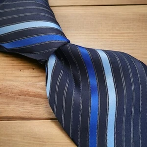 CEDAR WOOD STATE Men's Necktie, Black and Blue Satin Tie, Stripe Pattern. - Picture 1 of 7