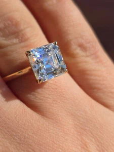 3Ct Asscher Cut Moissanite Solitaire Ring Solid 10K Yellow Gold 6 - Picture 1 of 9