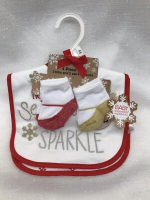 Conjunto de babero y calcetines de 4 piezas para bebés niñas Tis The Season To Brillan copos de nieve navideños NUEVO Foto 1 de 4