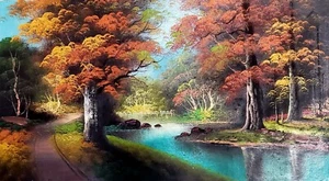 Original Vintage Landscape Painting Colorful Trees Stream Artist Signed - Picture 1 of 13