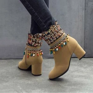 Womens Fashion Ethnic Style Beads Fringe Faux Suede Ankle Boots Block Mid Heels - Picture 1 of 15