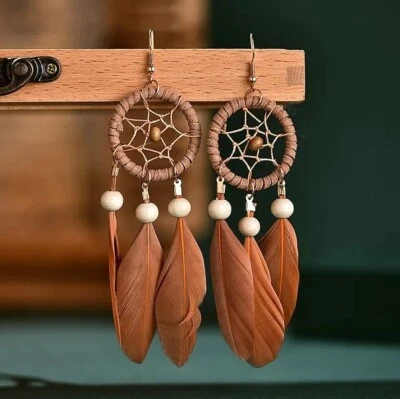 Brown Bohemian Earrings Dream Catcher Feather Earrings- Boho Long Tassel Stylish - Image 1 of 2