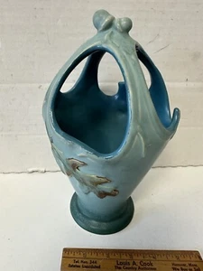 Weller Pottery Vase Blue Oak Leaf Acorn Pattern with Twisted Webbed Top - FINE - Picture 1 of 9