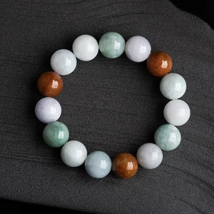 BurmeseJade Bracelet 13mm Tri-Color Gemstone Buddhist MalaBead Chinese Luck Gift - Picture 1 of 5
