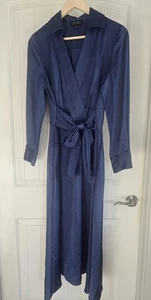 TAHARI Women's Belted Faux-Wrap Midi Dress Size 6 Blue Pockets - Picture 1 of 18