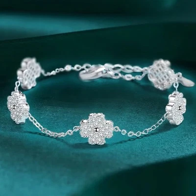 Full D Color Round Moissanite Flower Shape Bracelet 925 Sterling Silver Chain - Image 1 of 4