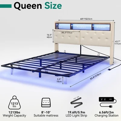 TAUS Queen Floating Bed Frame with LED Lights and Type-C Ports Button Headboard - Image 1 of 4