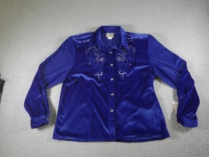 Vintage Western Shirt Womens Medium Blue Velour Embroidered Floral Cowgirl Rodeo - Picture 1 of 10