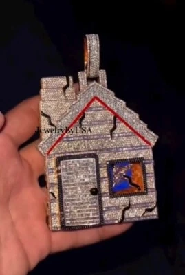 Men's Birthday Gift Simulated Baguette Diamond "TRAP HOUSE" Pendant 925 Silver - Image 1 of 4