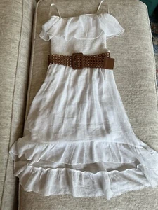 BCX Womens White 100% Linen Ruffle Mid-Length Dress SzXS Sleeveless W/Brown Belt - Picture 1 of 12