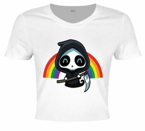 Rainbow Reaper - White Crop Top T-shirt, Cute Gothic, Funny Death, Dead Happy - Picture 1 of 3