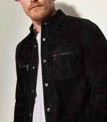 Men's Black Suede Leather Shirt 100% Pure Lambskin Slim Fit Stylish Shirt - Image 1 of 4