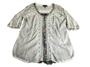 Gretty Zueger Shirt Womens Exrtra Large Gray Boho Paisley Tunic Blouse Lace Trim - Picture 1 of 9