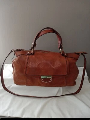 B. Makowsky Leather Handbag With Crossbody Strap Tan,gold Colored Hardwear - Image 1 of 4