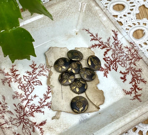 Antique Victorian Buttons Small  Gold Fabric Center Lot Of 8 Cover