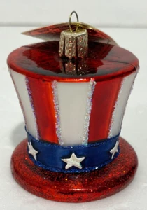 Uncle Sam's Zylinder Mütze USA rot weiß blau Glasstreifen Orn.Old World Weihnachten Neu mit Etikett - Bild 1 von 4