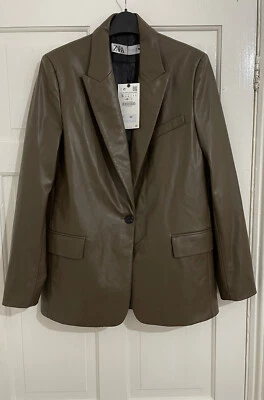 ZARA BROWN FAUX LEATHER BLAZER JACKET WITH SHOULDER PADS, POCKETS SIZE S BNWT - Image 1 of 4